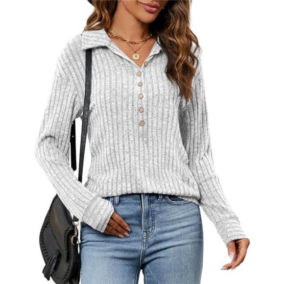 Casual Long Sleeve Button Blouses Ribbed Knit Collared Oversized Loose Fit Tops - Picture 7 of 7